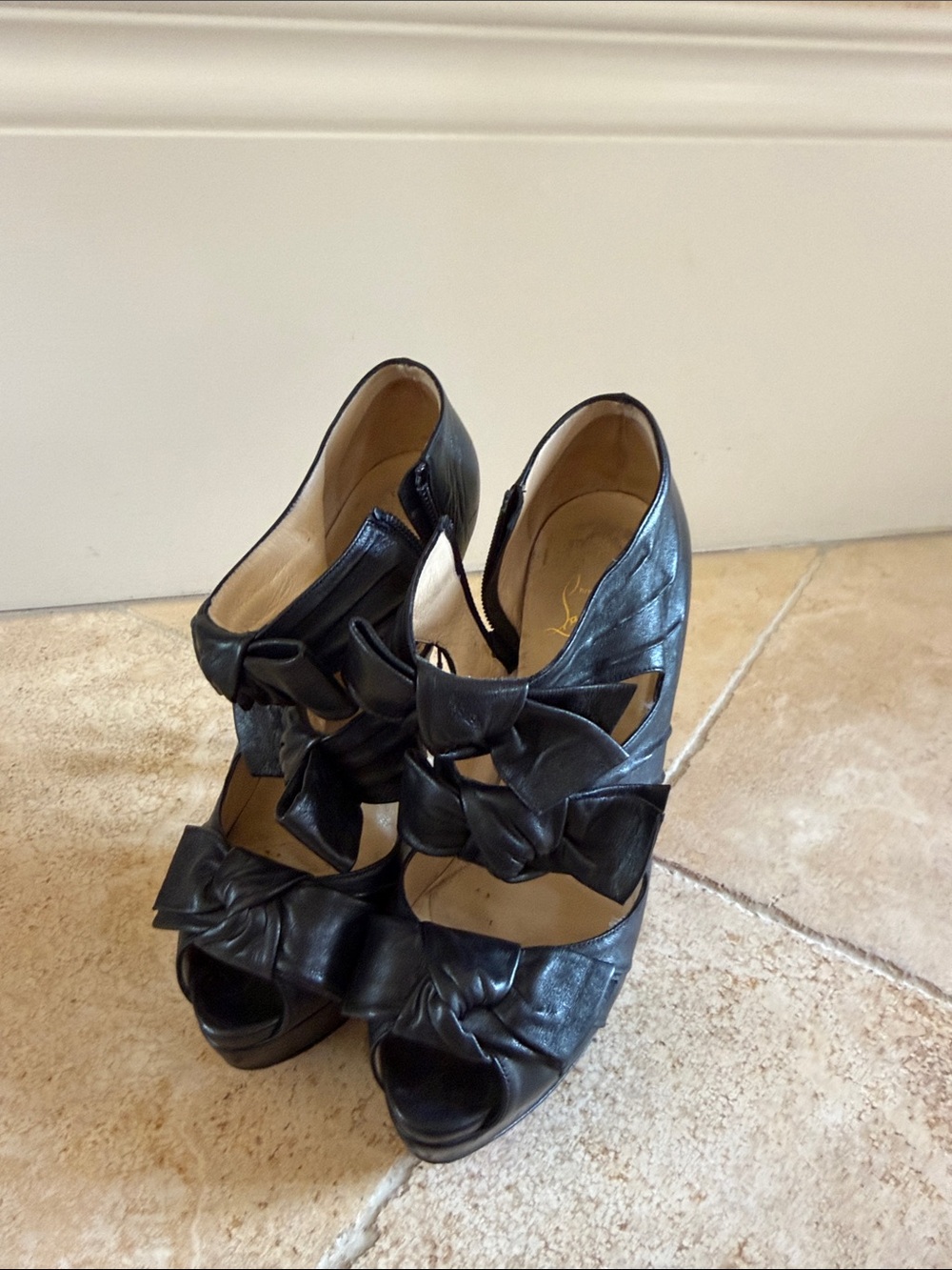 Christian Louboutin Black Leather Peep-Toe Bow Platform Heels - Picture 8 of 8